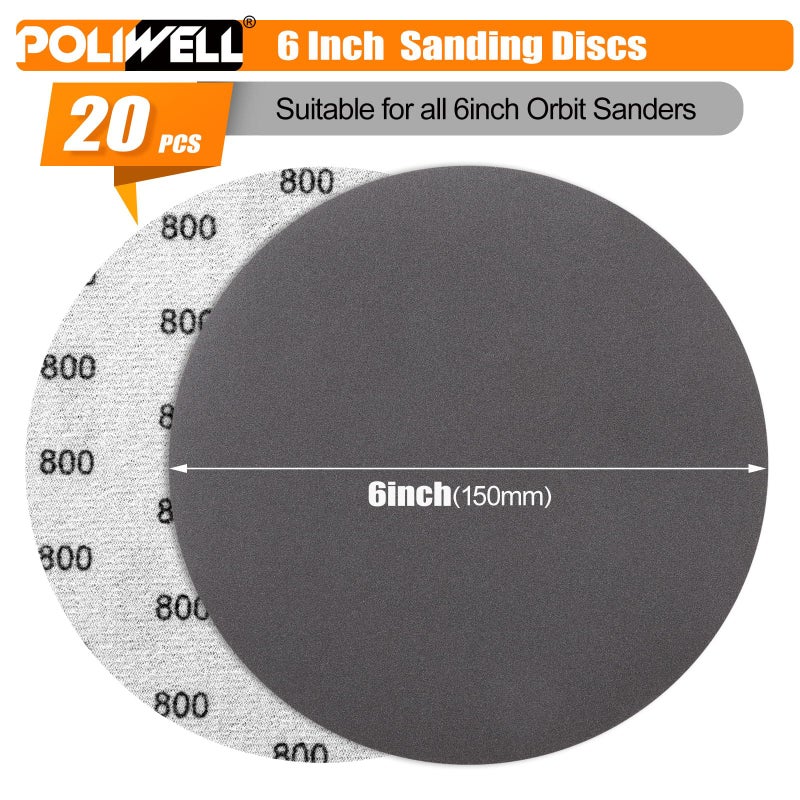 POLIWELL 6 Inch (150mm) 800 Grit Sanding Discs Waterproof Hook & Loop Heavy Duty Silicon Carbide Round Flocking Sandpaper for Wet/Dry Sanding Grinder Polishing Accessories, 20-Pack - Image 2
